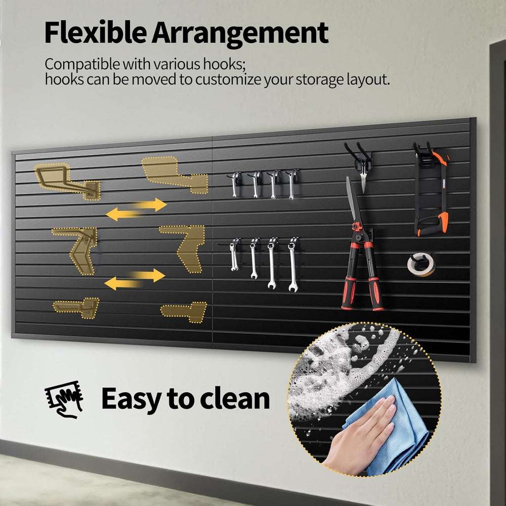 Slat Wall Panels 8x4 ft, Heavy-Duty PVC Garage Slatwall Panel with Trim & Screws, Interlocking Black Wall Panels, Garage Wall Organizer Slat Board PVC Wall Panel for Tools and Sports Equipment Storage