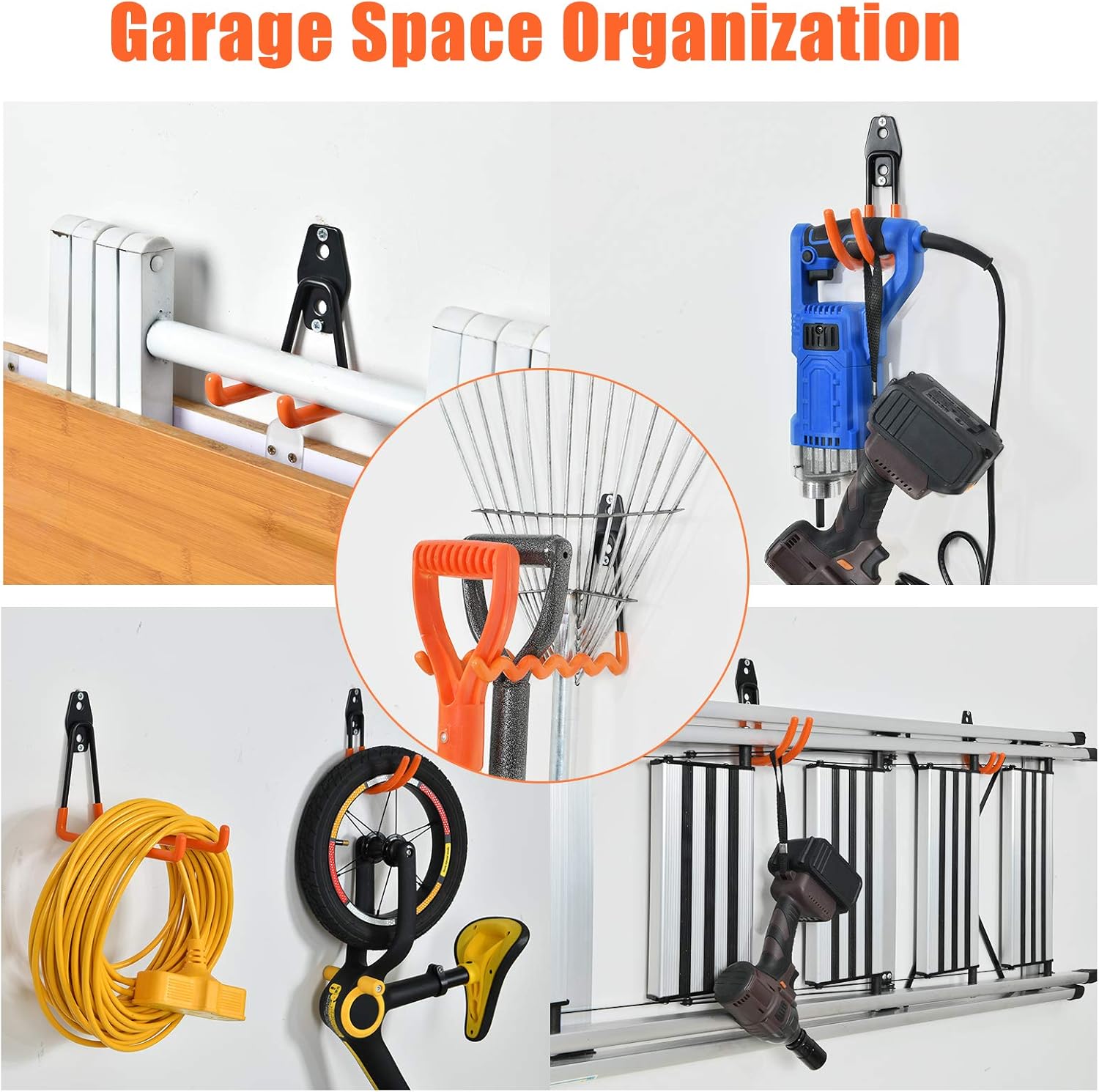 AOBEN Garage Hooks Heavy Duty, Steel Garage Storage Hooks, Utility Tool Hangers and Combinable Wall Mount Garage Hooks for Organizing Ladders, Bikes, Hoses, and More Equipment (Small J, 6 Pack)