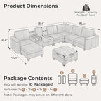 SITJOY 132" Faux Leather Modular Sectional Sofa with Storage, Mid Century Modern Sectional Couches for Living Room, 8 Seat V Shaped Couch with Ottoman and Console Table, Hidden Cupholders, Gray