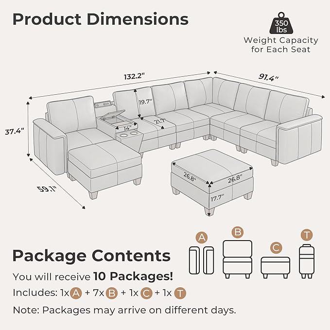 SITJOY 132" Faux Leather Modular Sectional Sofa with Storage, Mid Century Modern Sectional Couches for Living Room, 8 Seat V Shaped Couch with Ottoman and Console Table, Hidden Cupholders, Gray