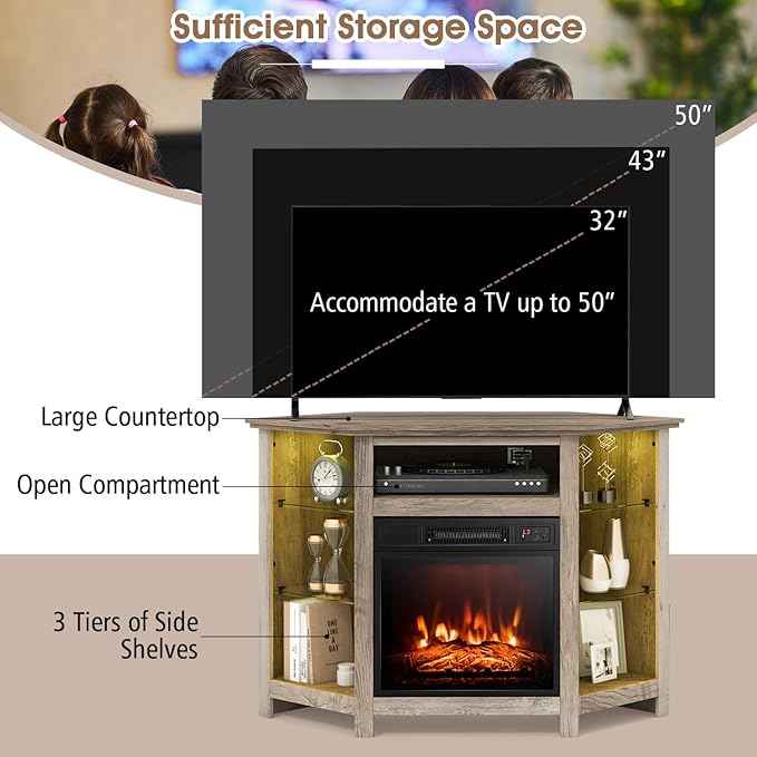 RELAX4LIFE Corner Fireplace TV Stand - Electric Fireplace Entertainment Cente...