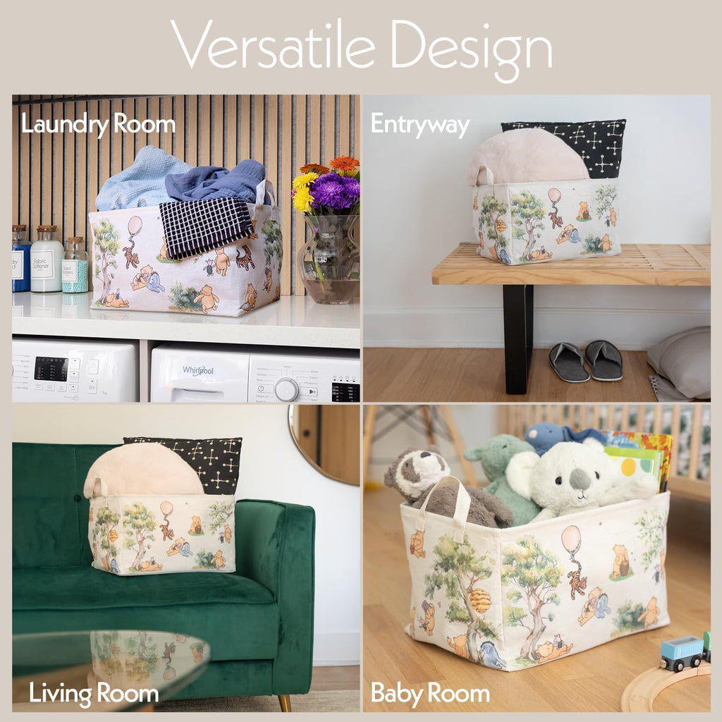Sweet Baby Co. Classic Winnie Pooh Storage Nursery Basket With Hard Bottom Large Square Canvas Cotton Laundry Hamper Bin Waterproof Foldable Bathroom and Bedroom Stuff Clothes Toys Baby Vintage Decor