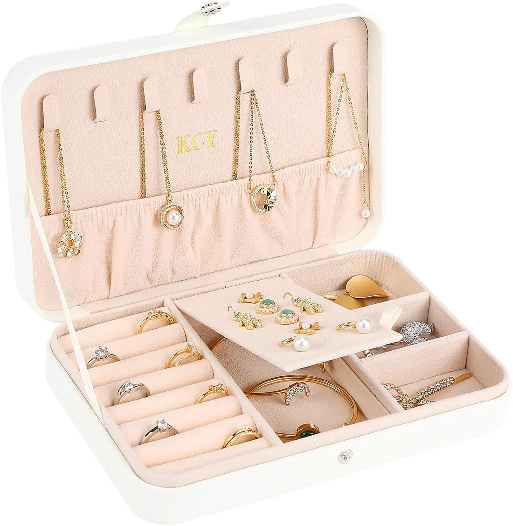 KCY Jewelry Box for Women Girls,Small Travel Jewelry Organizer Case,PU Leather Portable Jewellery Storage Boxes Display Holder for Ring Earrings Necklace Bracelet Bangle, Men Teen Kids Gift, White
