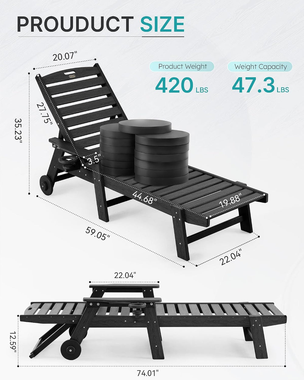 Patio Chaise Lounge Chair Set of 2, Oversize Lounge Chairs with Wood Texture&...