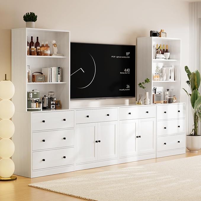 TUSY 71" Large TV Stand Set - TV Entertainment Center for TVs up to 65", Media Center with Tempered Glass Doors and Drawer, TV Hutch with Bookshelves for Living Room (White, BEEB)