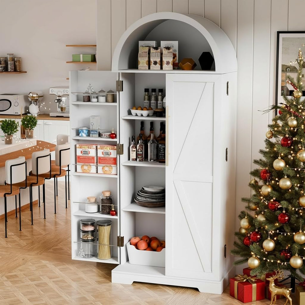 65" H Arched Kitchen Pantry, Modern Cupboard Storage Cabinet with 10 Sid...
