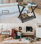 Folding Luggage Rack for Guest Room, Metal Foldable Suitcase Stand Holder with Metal Shelf for Bedroom, Black, 1 pack