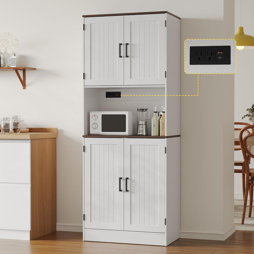 MHOM 71" Tall Pantry Cabinet with Charging Station, Farmhouse Kitchen Hu...