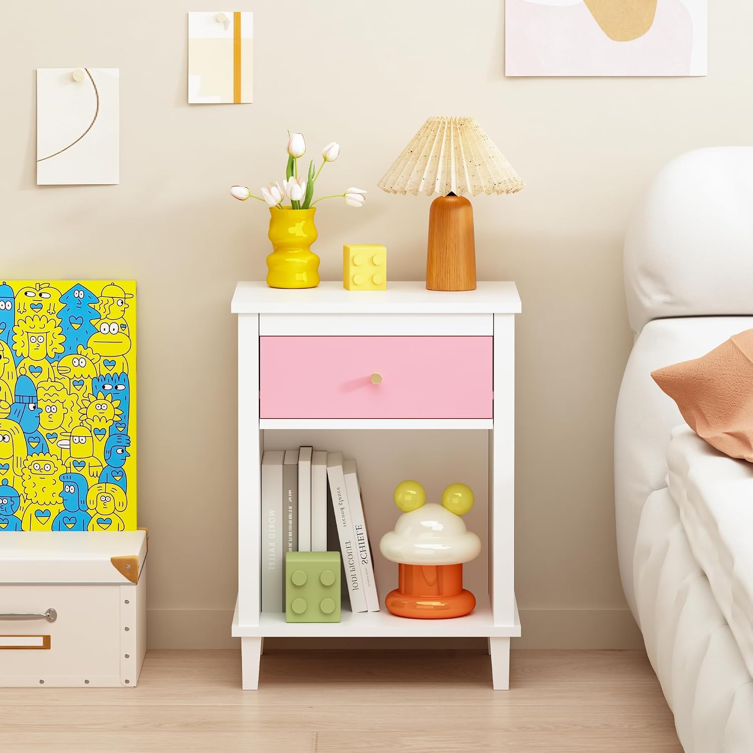 Nightstand with One Drawer & Open Storage Shelf, Modern Wooden Bedside Table for Kids, 26.77''H End Table for Living Room, Bedroom, Toddler Nightstand for Boys and Girls, White+Pink