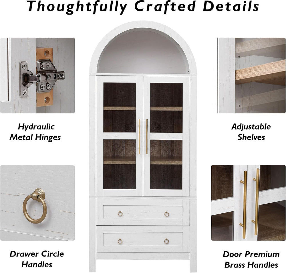 Tall Arched Cabinet with Glass Doors, Wood Kitchen Pantry & Arch Bookcase...