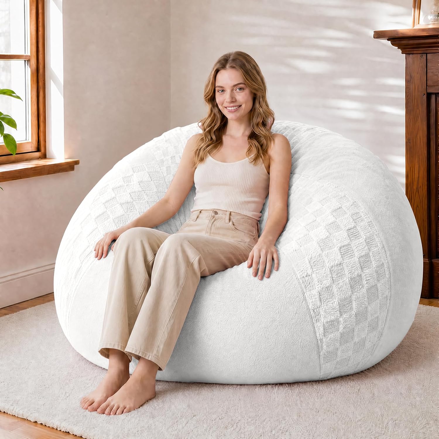 HABUTWAY Adults Bean Bag Chair, Teardrop Beanbag with Memory Foam Filled | Bean Bag Sofa With Removable Cover, Cozy Boneless Chair with Handle for Living Room, Bedroom (Checkerboard White 4FT)