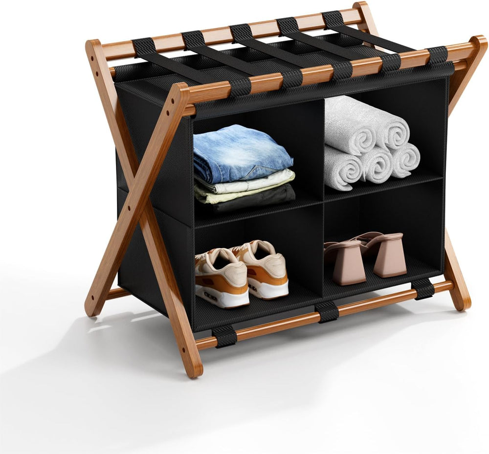 Bamboo Luggage Rack with 4 Storage Compartments, Foldable Suitcase Stand for ...