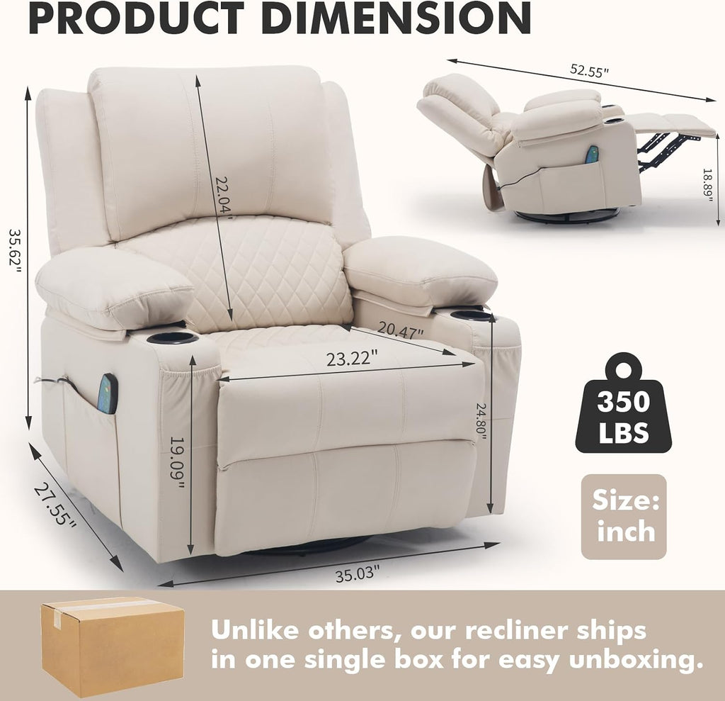 Massage Swivel Rocker Recliner Chair with Heat Nursery Rocking Glider Chair | Overstuffed, Cup Holders, Nursery Glider, Rocking Reclining Lounge Chair, Swivel Heated Massaging Recliner, Faux Leather