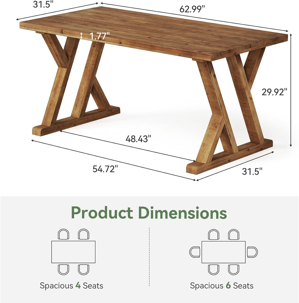 63" Farmhouse Solid Wood Dining Table for 4-6, Wooden Rectangular Rustic...