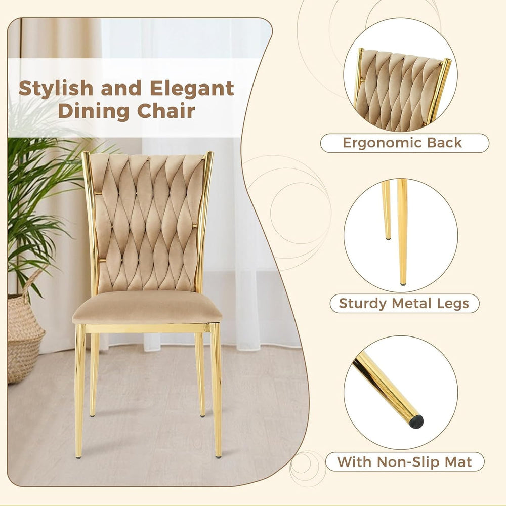 Modern Brown Velvet Dining Chairs Set of 4 with Woven High Back | Upholstered...