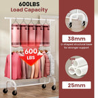 Heavy Duty Clothes Rack Load 600 LBS, Rolling Clothing Rack for Hanging Clothes with Lockable Wheels, Double Rod Garment Rack for Bedroom, Laundry, Living Room, White