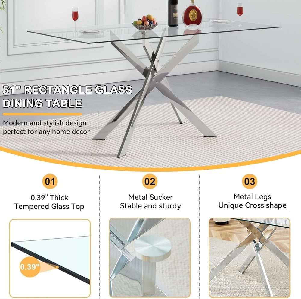 Modern Glass Dining Table Set for 6, Glass Silver Kitchen Table and Chairs Se...