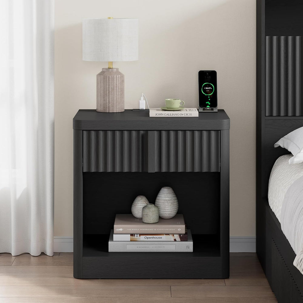 Fluted Nightstand with Charging Station, 23.6" End Table with Solid Wood...