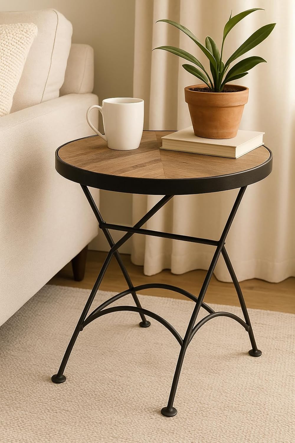East at Main Nadine Round Folding Side Table, Sand Mango Wood & Black Iro...