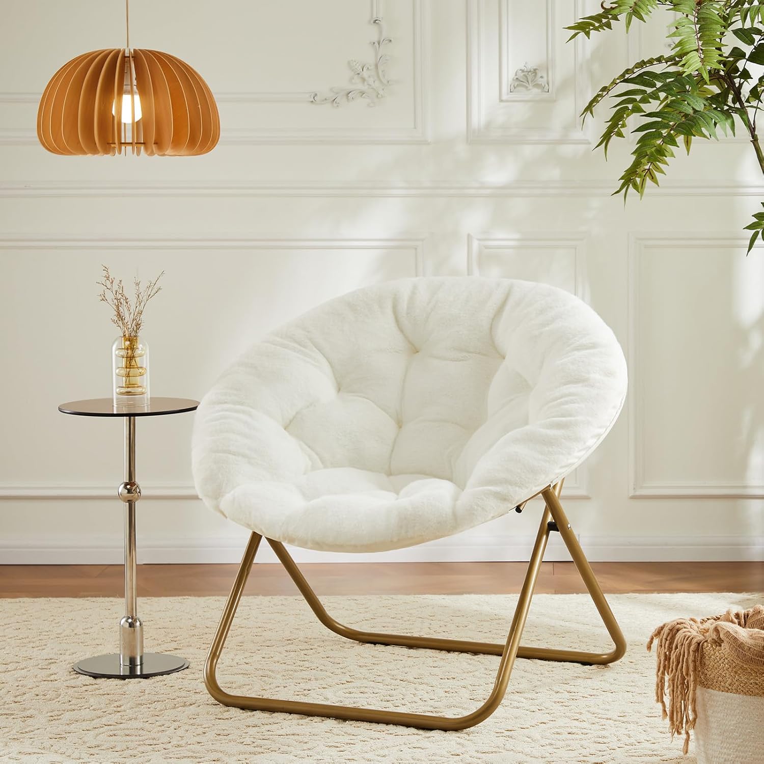 DUMOS Comfy Saucer Chair, Faux Fur Lounge Seasting XL Circle Chair for Bedroom, Dorm & Gaming, Foldable Fashion Accent Seat for Small Spaces, Folding Moon/Mushroom/Round Oversized Style,White
