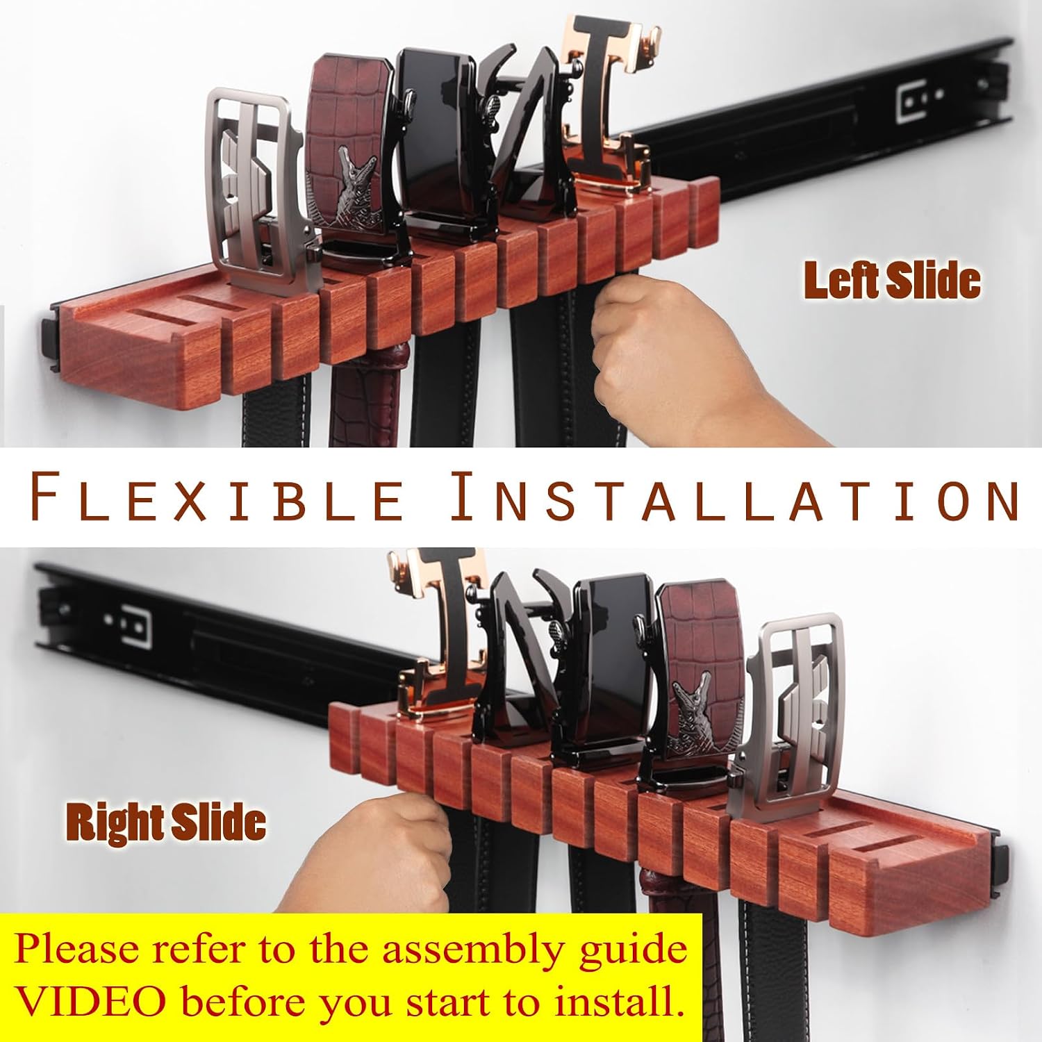 Premium Walnut Wood Belt Organizer with Sliding System - 12-Belt Heavy-Duty Belt Holder, Wall-Mounted Belt Hanger for Closet, Space Saving Storage & Elegant Father’s Day Gift