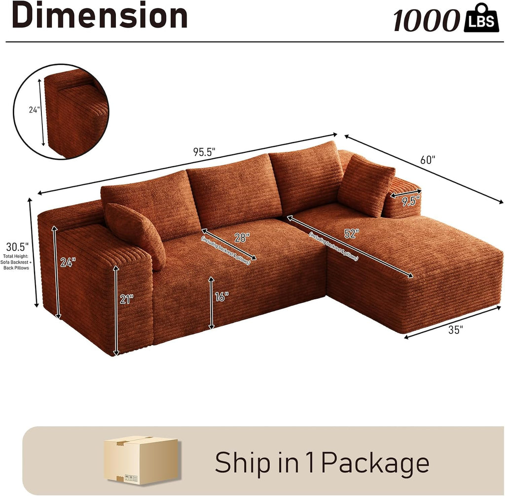 ONEMMLION 96" L-Shaped Cloud Boneless Couch Sofa with Chaise, Orange | Corduroy Comfy Fluffy Modular Deep Seat Memory Foam Compressed Sectional Sofa for Living Room Oversized Right Facing Chaise