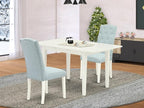 East West Furniture NOCE3-LWH-15 3 Piece Dining Table Set Contains a Rectangle Dining Room Table with Butterfly Leaf and 2 Baby Blue Linen Fabric Parsons Chairs, 32x54 Inch, Linen White