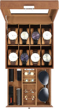 Uten 8-Slot Watch Box, 2-Layers PU Leather Watch Case with Glass Lid, Watch Holder Organizer with Soft Pillow and Velvet Lining, Watch and Jewelry Storage Box, Brown