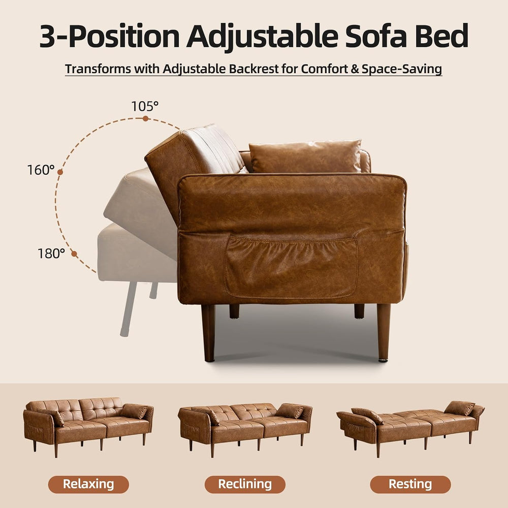 HALLYBEE 85" Futon Faux Leather Couch with Adjustable Armrests Brown | F...