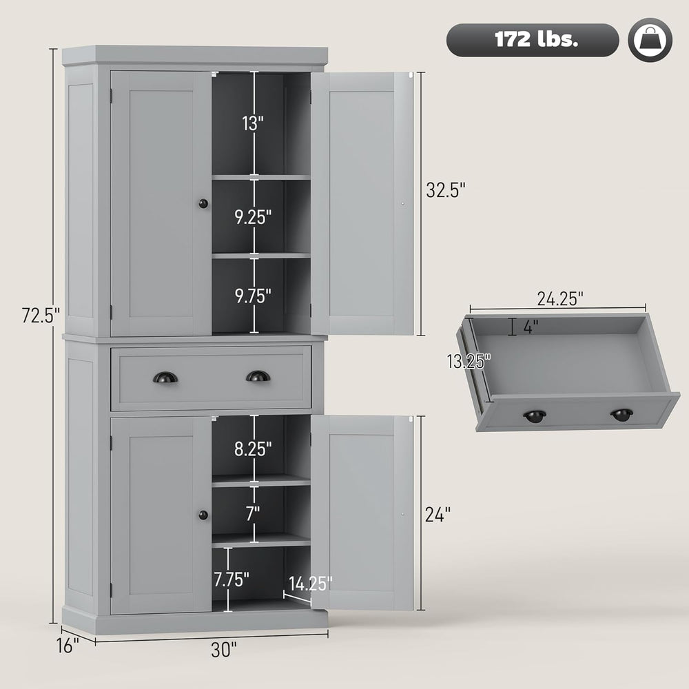 HOMCOM 72.5" Kitchen Pantry Cabinet, Traditional Freestanding Storage Ca...