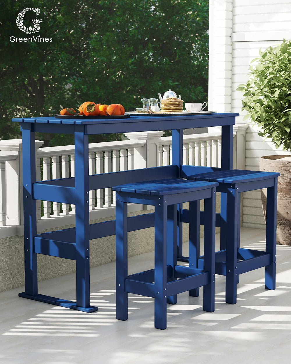 GREENVINES Outdoor Bar Set, HDPE, 3-Piece Patio Bar Table & Stools, Blue