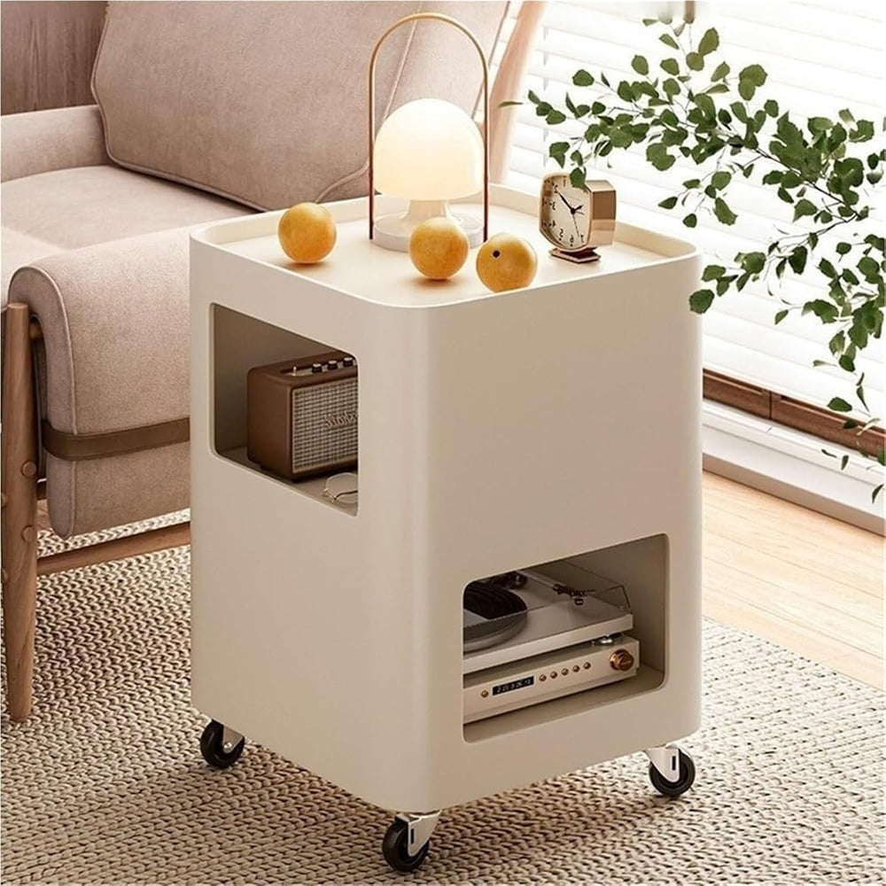 Cream Style Side Table with Wheels Mobile TV Tray Cart Square Bedside Table w...