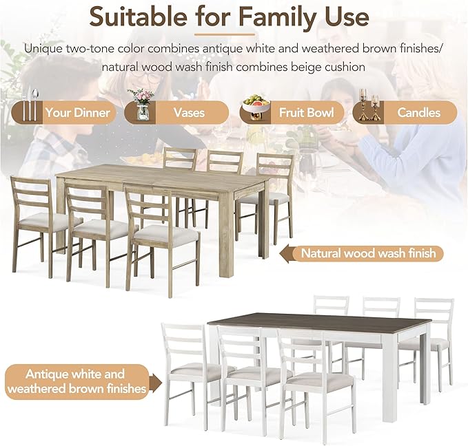7 Pieces Dining Table Set with 6 Upholstered Chairs,Living Room Desk W/ 2 Drawers and 71.5" Rectangle Extendable Leaf,for Restaurant,Home Bistro,Natural Wood Wash