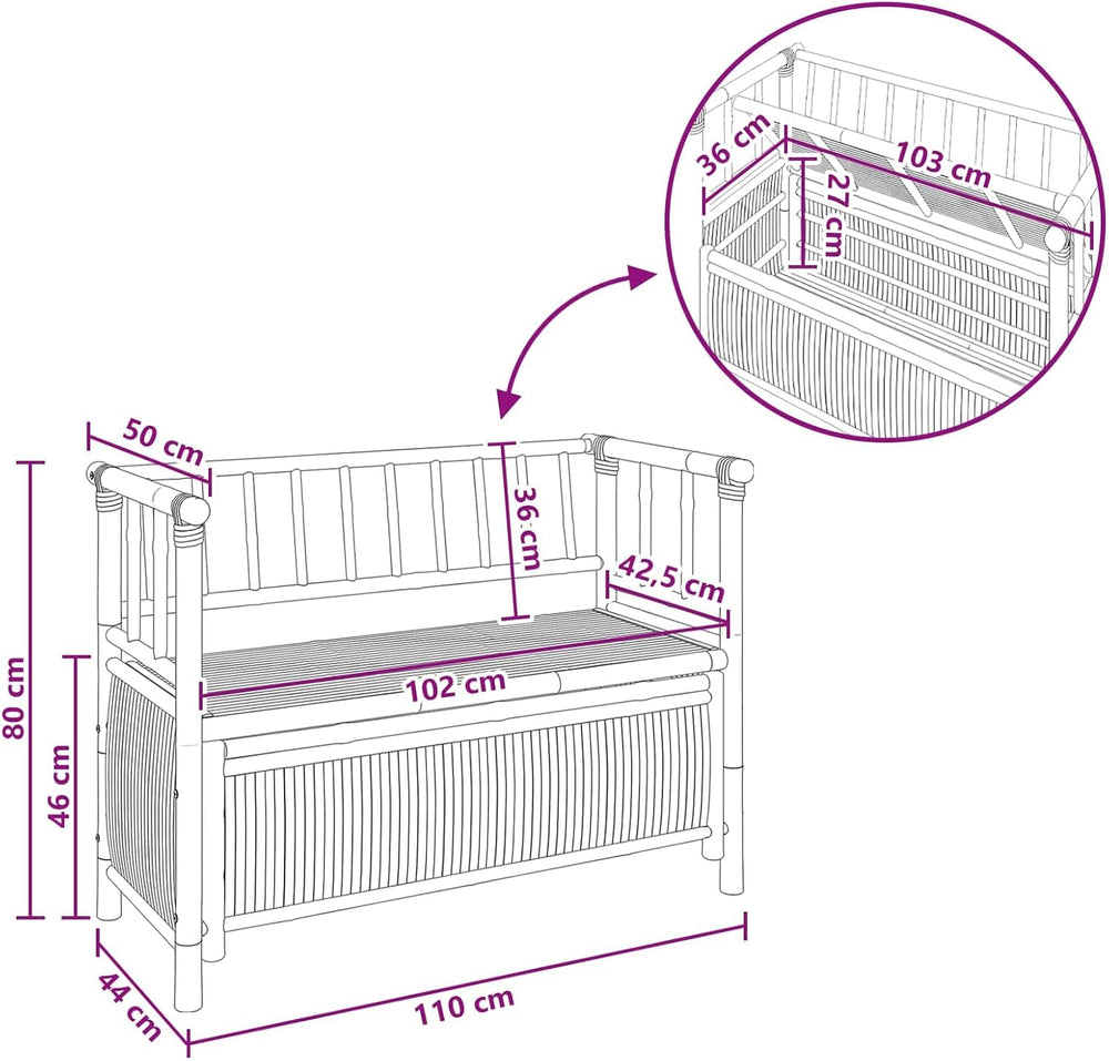 Bamboo Garden Storage Bench, Outdoor Patio Seating with Hidden Storage Compar...