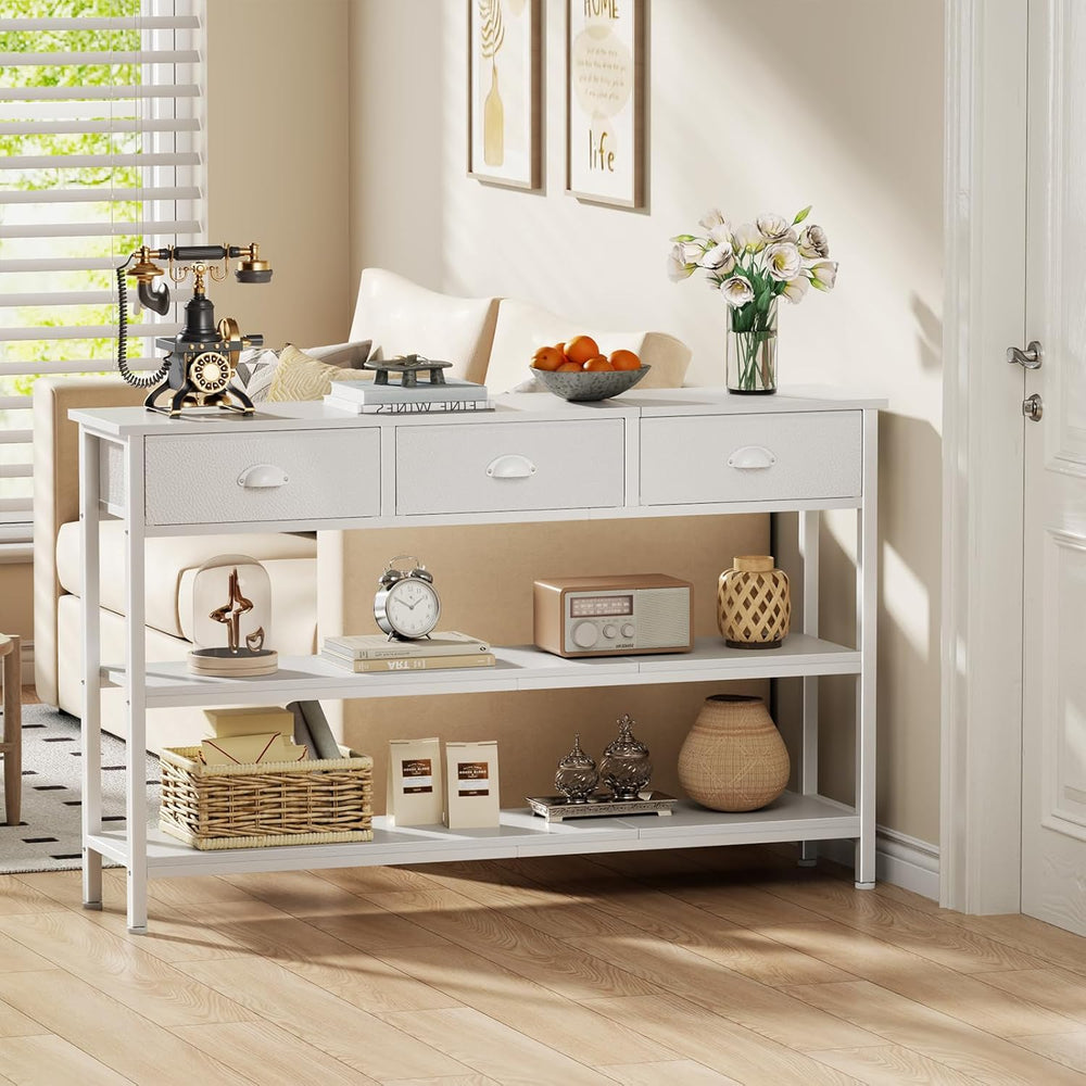 Furologee White Long 47" Console Sofa Table with 3 Drawers, Entryway Tab...