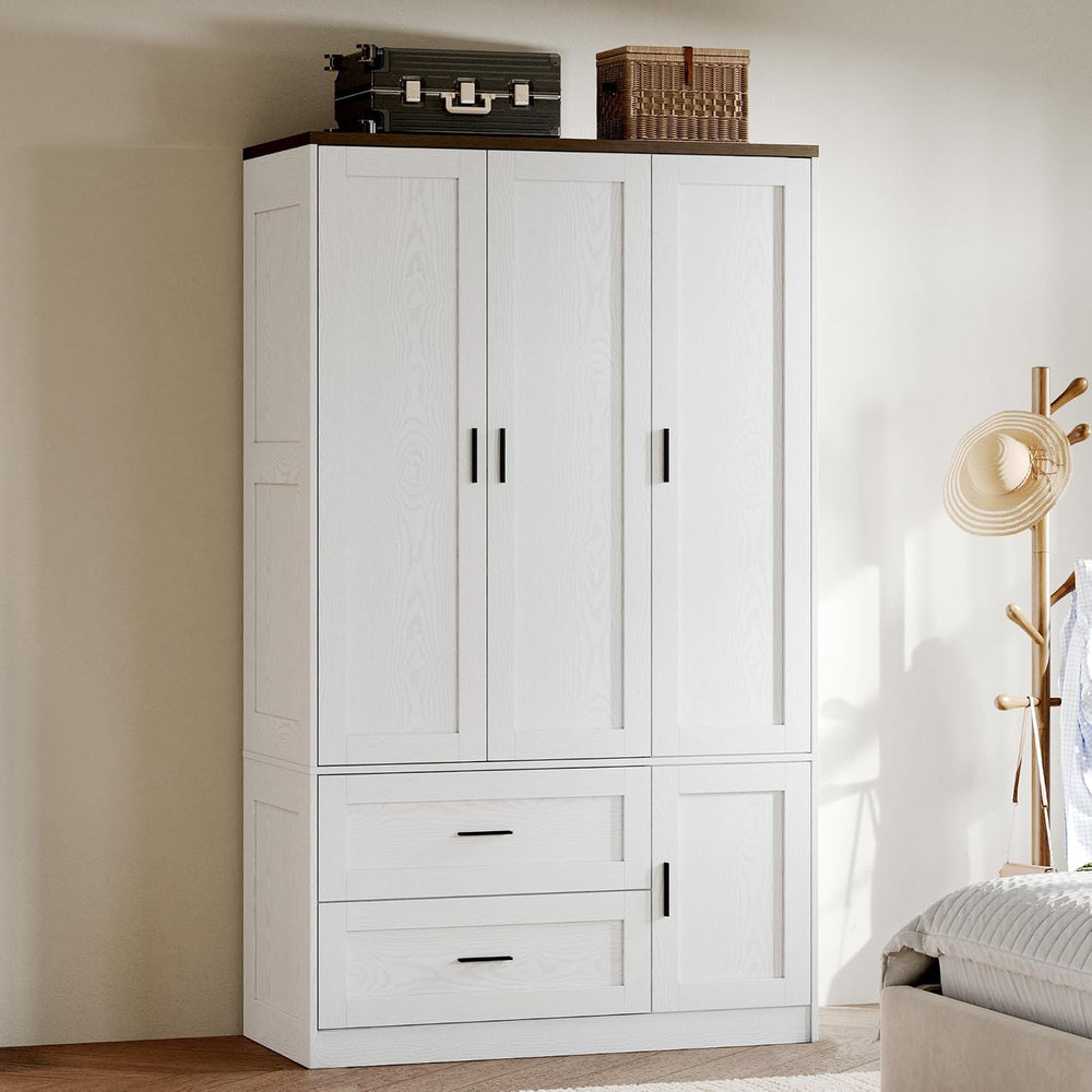 ANCTOR 3-Door Armoire Wardrobe Closet with 2 Drawers and Shelves, White