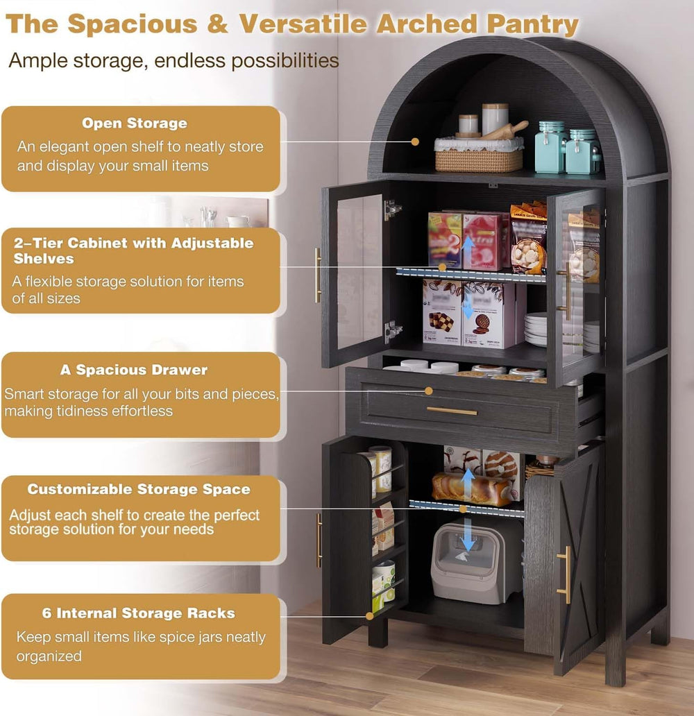 71" Tall Arched Kitchen Pantry Cabinet with Glass Door, Versatile Cupboa...