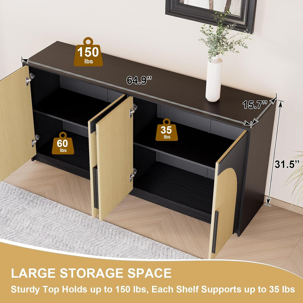 65 Inch Fluted Buffet Cabinet with Storage Symmetrical Arc Accent Sideboard L...