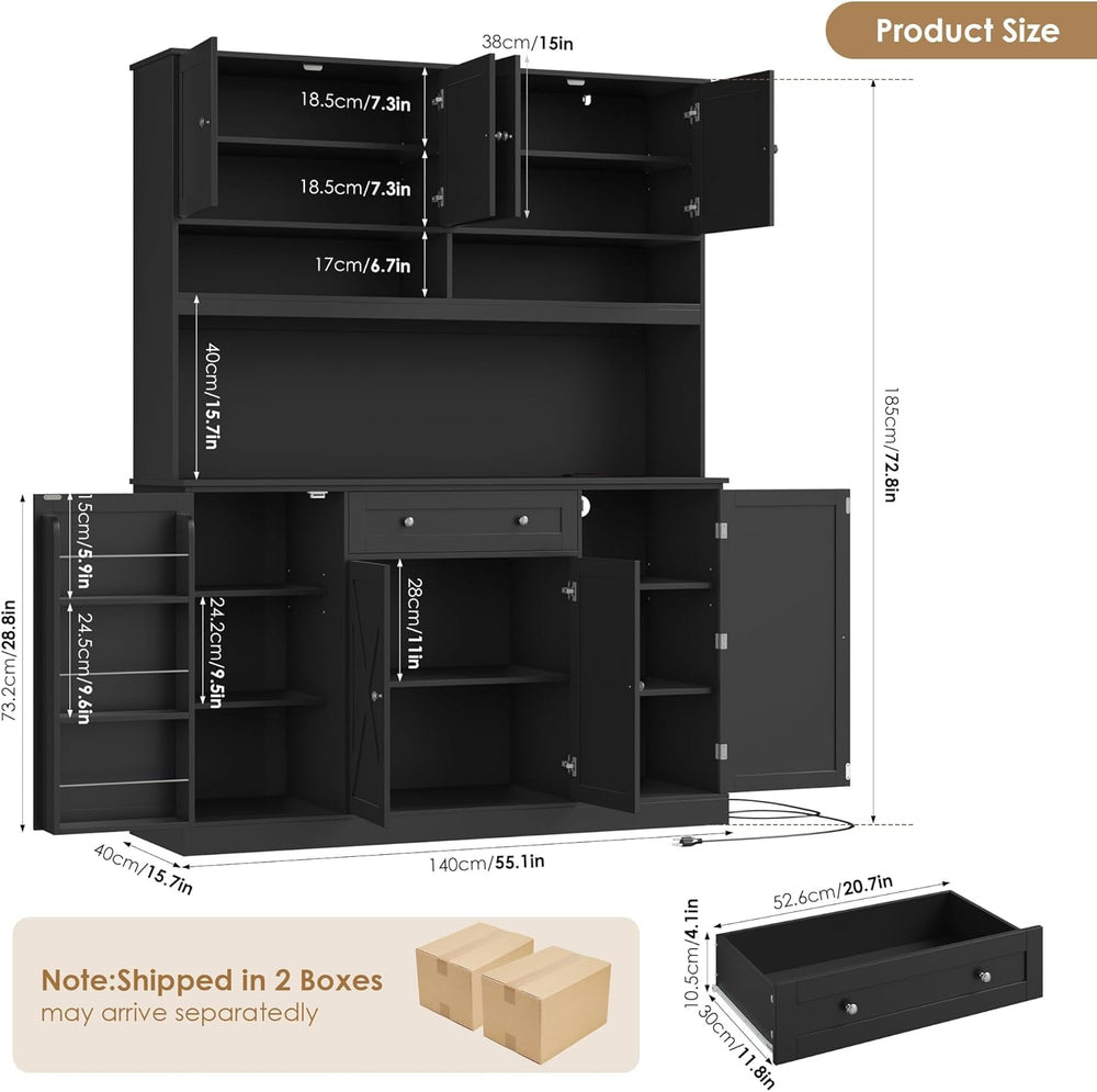 HIFIT 72.8” LED Kitchen Pantry Cabinet with Charging Station, 55” Wide Farmho...