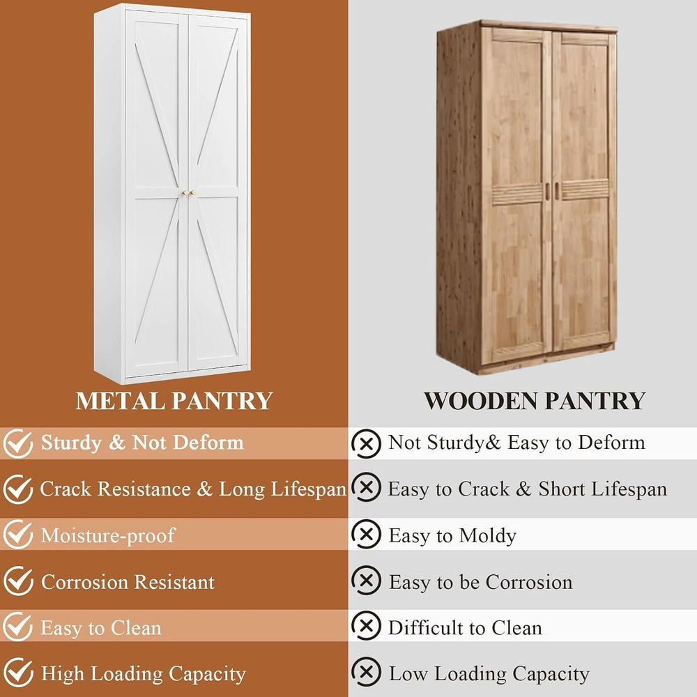 71" Tall Kitchen Pantry Storage Cabinet, 2 Doors Metal Food Pantry Cabin...