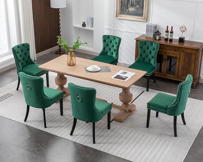 KCC Velvet Dining Chairs Set of 6, Upholstered High-end Tufted Dining Room Chair with Nailhead Back Ring Pull Trim Solid Wood Legs, Nikki Collection Modern Style for Kitchen, Green