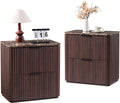 Fluted Nightstand Set of 2, Bedside Table with 2 Drawers, Engineered Wood End Table with Faux Marble-Top, Curved Corners, Metal Handle, Modern Night Stand for Bedroom, Small Spaces, Dark Oak