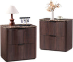 Fluted Nightstand Set of 2, Bedside Table with 2 Drawers, Engineered Wood End Table with Faux Marble-Top, Curved Corners, Metal Handle, Modern Night Stand for Bedroom, Small Spaces, Dark Oak