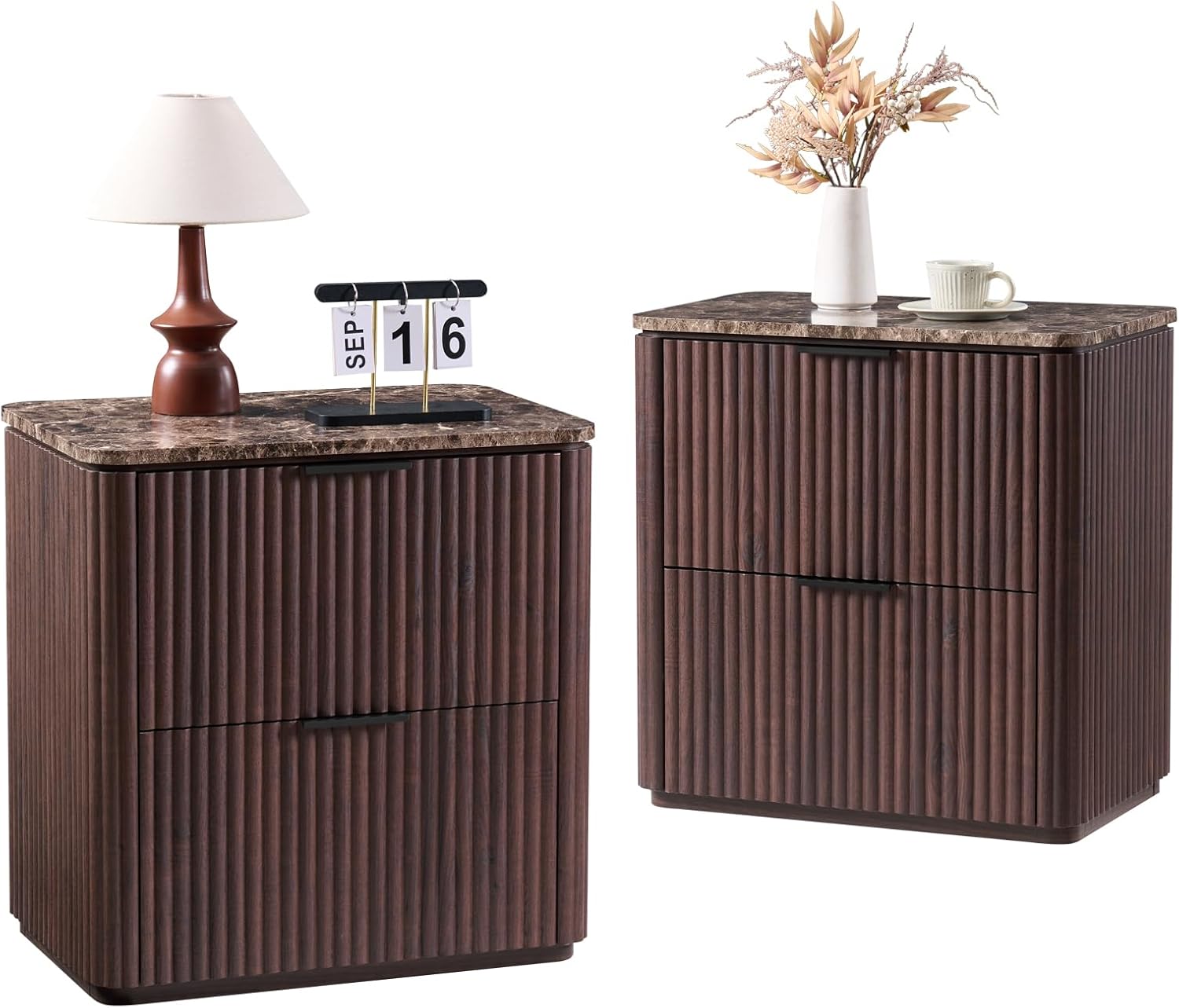 Fluted Nightstand Set of 2, Bedside Table with 2 Drawers, Engineered Wood End Table with Faux Marble-Top, Curved Corners, Metal Handle, Modern Night Stand for Bedroom, Small Spaces, Dark Oak