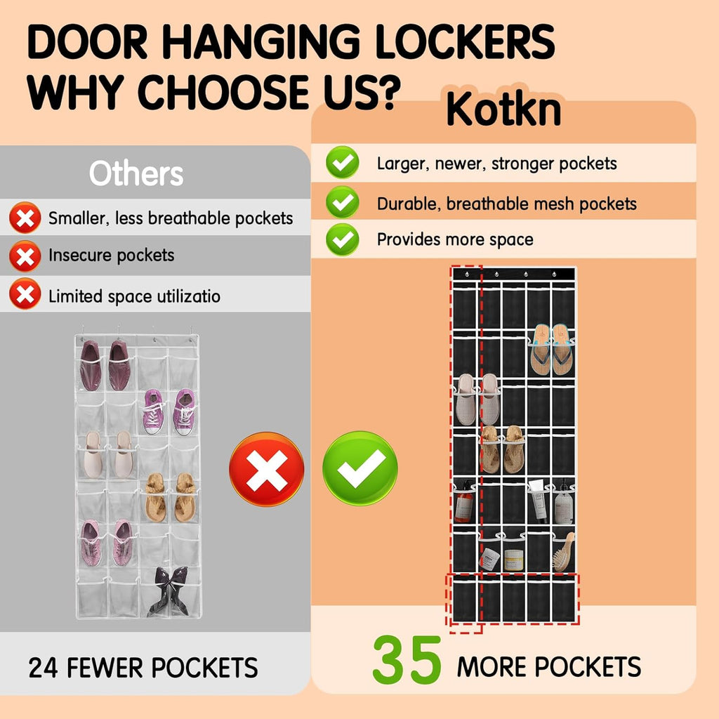 35 Compartment Over The Door Storage - Breathable Mesh Hanging Organizer with Large Pockets, Space Saving Design for Men & Women's Footwear, Closet, Bedroom- Black