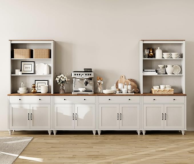 WAMPAT Entertainment Center with Bookshelves for TVs up to 75", Farmhouse Wall Unit TV Stand with 8 Doors & 4 Drawer, Media Console Table for Living Room, Bedroom & Home Theater, Off White
