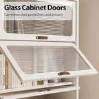 Solid Wood Storage Cabinet with Glass Doors, 3 Shelf Small Storage Cabinet, Mid Century Modern Bookcase, Kitchen Pantry Cabinet (White, 31.5" W)