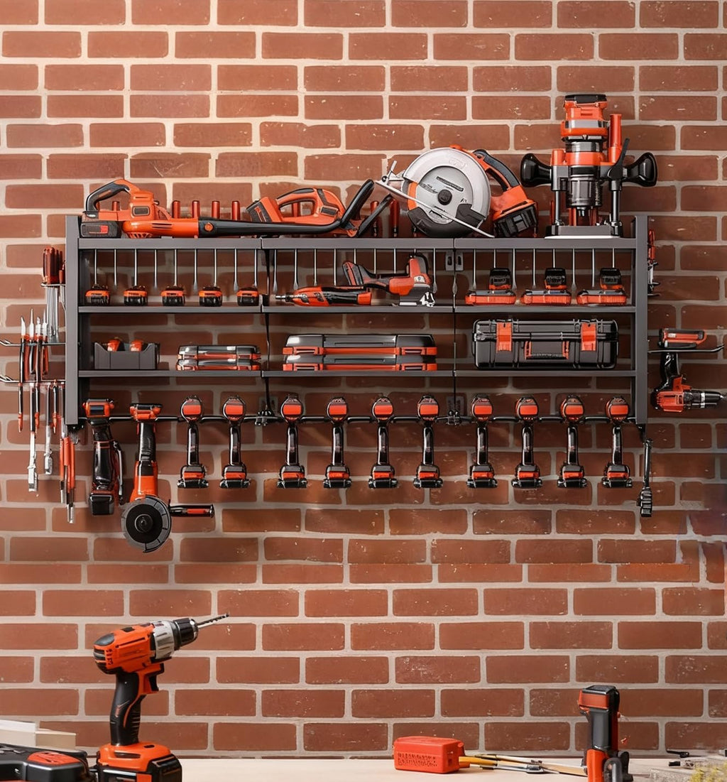 49" W Super Large Power Tool Organizer Wall Mount,Heavy Duty Cordless Tool Organizer with 14 Drill Holder,450 Lbs Capacity 4-Layer Garage Organization for Garage and Workshop (Black)
