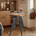 Round Cafe Table - 23.62" Pine Wood Top, Metal Frame, 28.15" High, Modern Industrial Dining Table for Kitchen, Home Office, Bistro, Compact for Space Saving, Black Base Brown Top