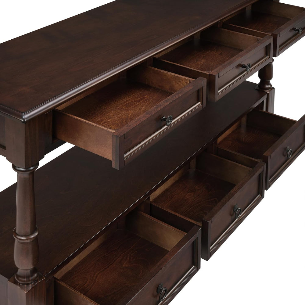 Knocbel Console Table with 6 Storage Drawers and Bottom Shelf, Vintage Sofa T...